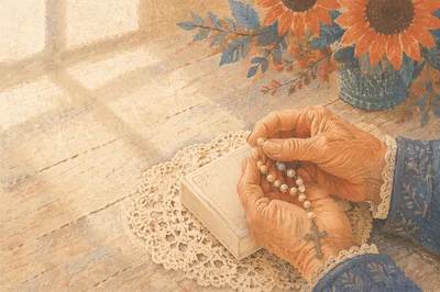 Elderly Hands Praying With Rosary Beads