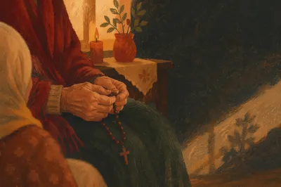 Elderly Hands Holding Rosary in Prayer