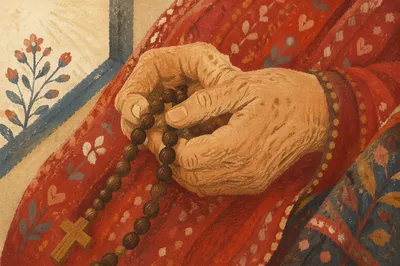 Elderly Hands Holding Rosary in Prayer