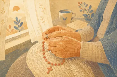 Elderly Hands Holding Rosary in Prayer
