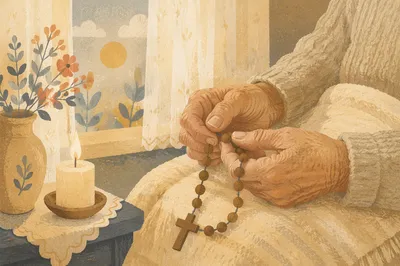 Elderly Hands Holding Rosary in Prayer