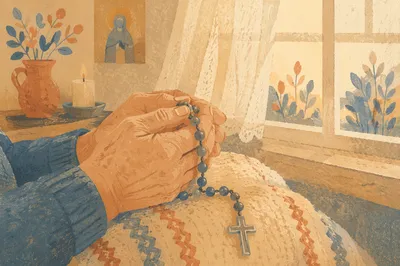 Elderly Hands Holding Rosary in Prayer