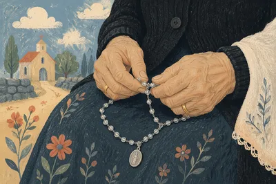 Elderly Hands Holding Rosary in Prayer