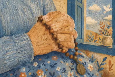 Elderly Hands Holding Rosary in Prayer