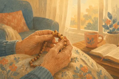 Elderly Hands Holding Wooden Prayer Beads