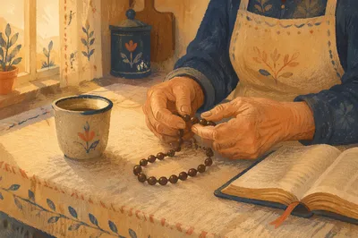 Elderly Hands Holding Rosary in Morning Prayer