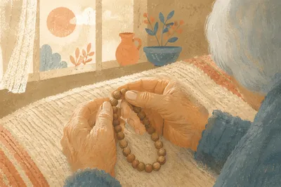Elderly Hands Holding Rosary in Morning Light