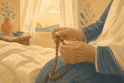 Elderly Hands Holding Rosary at Dawn