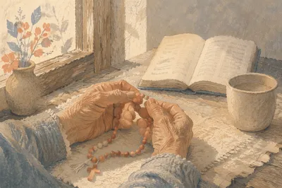 Elderly Hands Holding Rosary in Morning Prayer