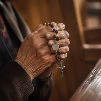 Elderly Hands Praying With Wooden Rosary