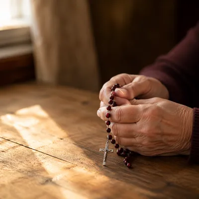 Elderly Hands Holding Rosary in Prayer
