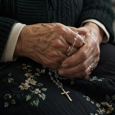 Elderly Hands Holding Rosary in Prayer