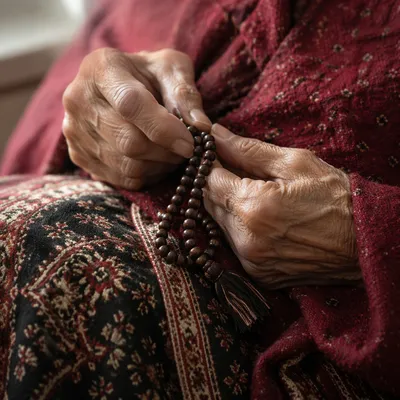 Elderly Hands Holding Rosary Beads in Prayer