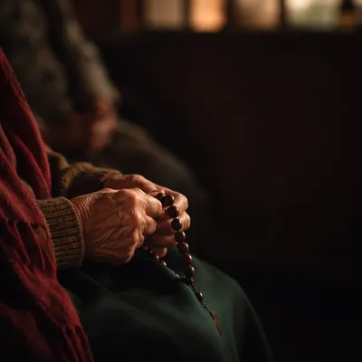 Elderly Hands Holding Rosary in Prayer