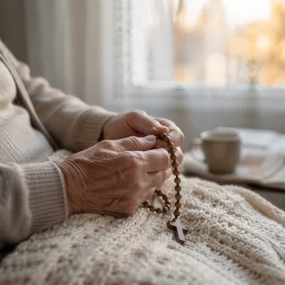 Elderly Hands Holding Rosary in Prayer