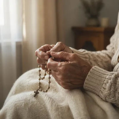 Elderly Hands Holding Rosary in Prayer
