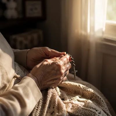 Elderly Hands Holding Rosary in Prayer