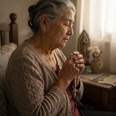Elderly Woman Praying with Rosary by Window