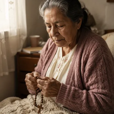 Elderly Woman Praying with Rosary by Window