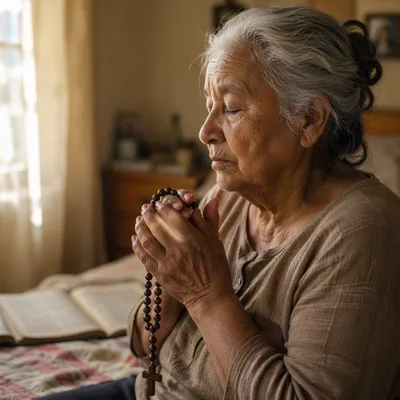 Elderly Woman Praying with Rosary by Window