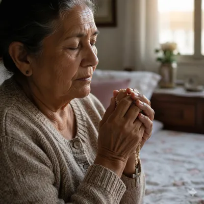 Elderly Woman Praying with Rosary at Dawn