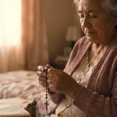 Elderly Woman Praying with Rosary at Dawn
