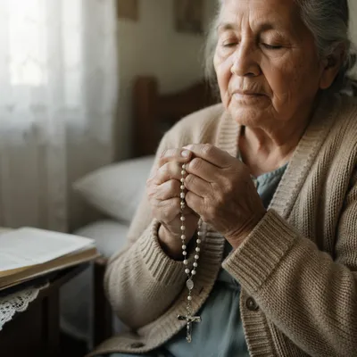 Elderly Woman Holding Rosary by Window