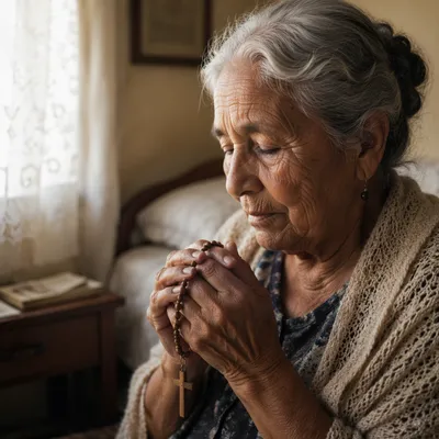 Elderly Woman Holding Rosary by Window