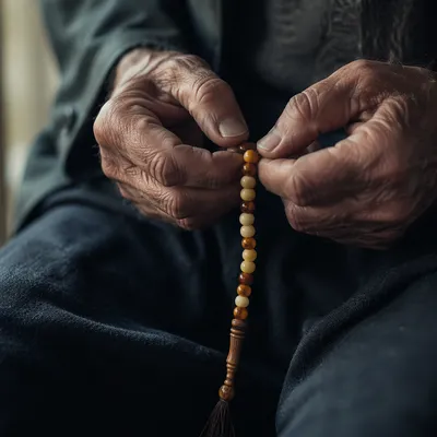 Elderly Hands Holding Rosary Beads in Prayer
