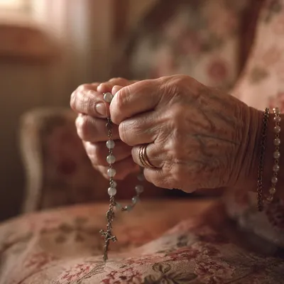 Elderly Hands Holding Rosary in Prayer