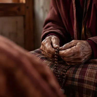 Elderly Hands Holding Rosary in Prayer