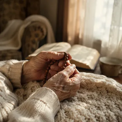 Elderly Hands Holding Wooden Prayer Beads