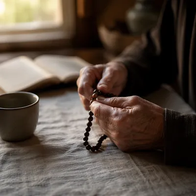 Elderly Hands Holding Rosary in Morning Prayer