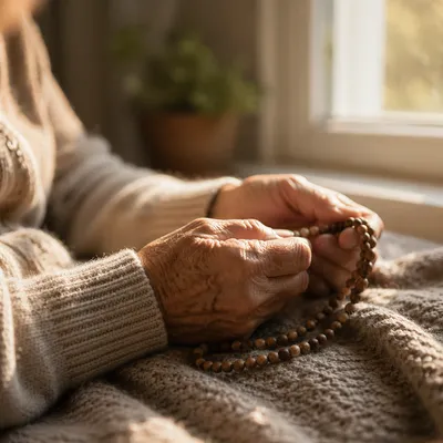 Elderly Hands Holding Rosary in Morning Light