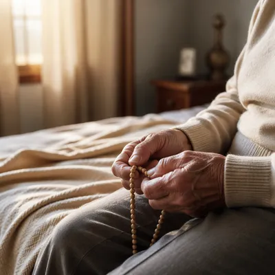 Elderly Hands Holding Rosary Beads at Dawn
