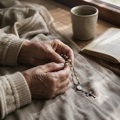 Elderly Hands Holding Rosary in Morning Prayer