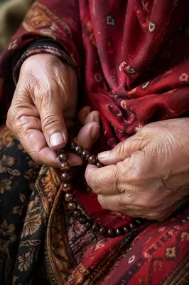Elderly Hands Holding Rosary in Prayer