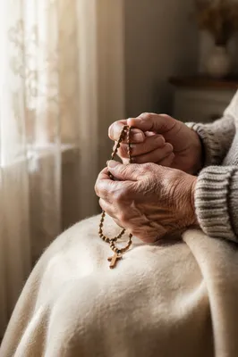 Elderly Hands Holding Rosary in Prayer