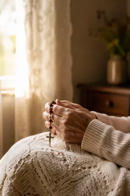 Elderly Hands Holding Rosary in Prayer