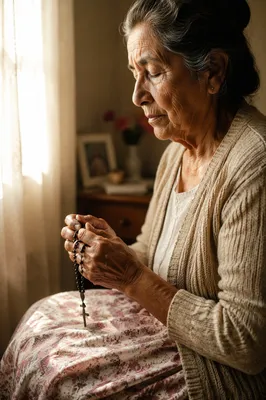Elderly Woman Praying with Rosary by Window