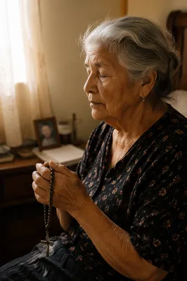 Elderly Woman Praying with Rosary by Window