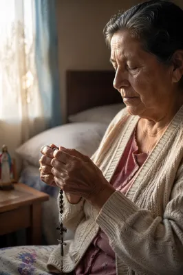 Elderly Woman Praying with Rosary at Dawn