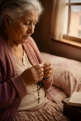 Elderly Woman Praying with Rosary at Dawn