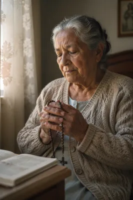 Elderly Woman Holding Rosary by Window