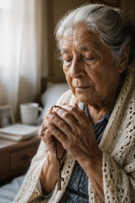 Elderly Woman Holding Rosary by Window
