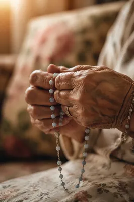 Elderly Hands Holding Rosary in Prayer