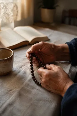 Elderly Hands Praying With Wooden Rosary