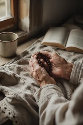 Elderly Hands Holding Rosary in Morning Prayer