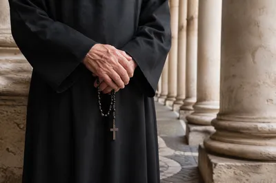 Elderly Hands Holding Rosary in Stone Colonnade