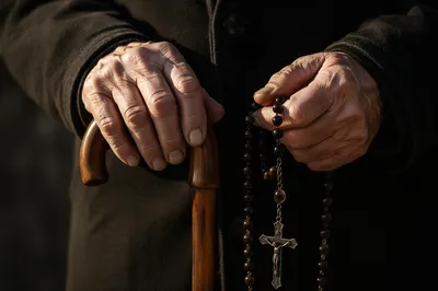 Elderly Hands Holding Rosary in Prayer